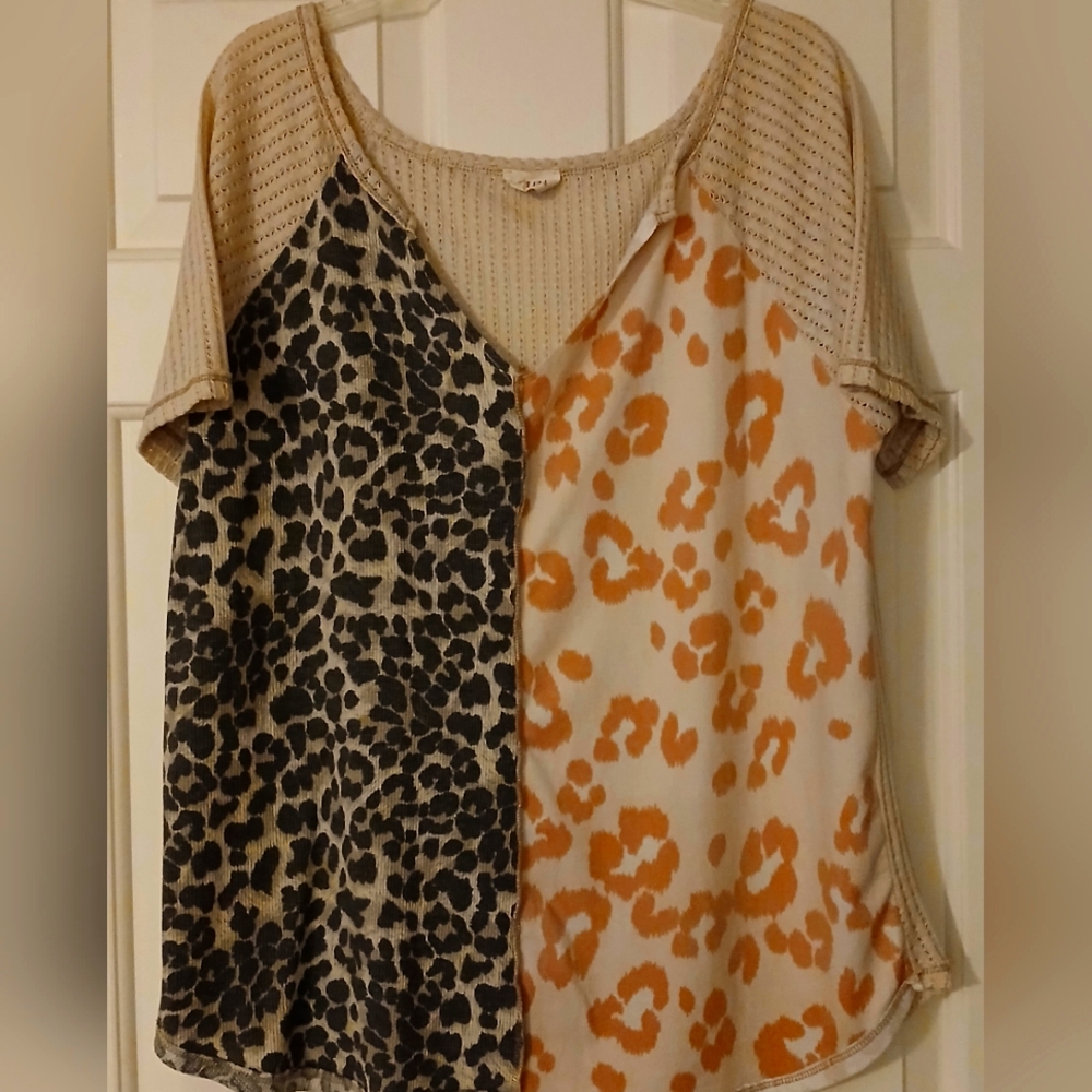 BiBi Black and Tan Asymmetrical Ribbed Blouse